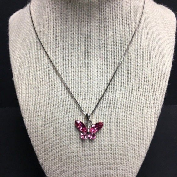 Rhinestone Butterfly Pendant Necklace Silver Pink Sparkle Retro BoHo - Picture 2 of 6